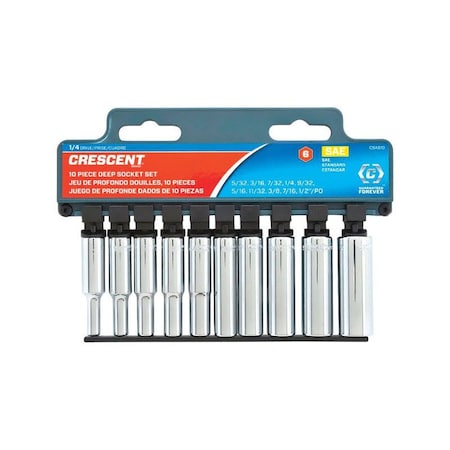 Weller Crescent Assorted Sizes X 1/4 in. drive SAE 6 Point Deep Well Socket Set 10 pc CSAS10N